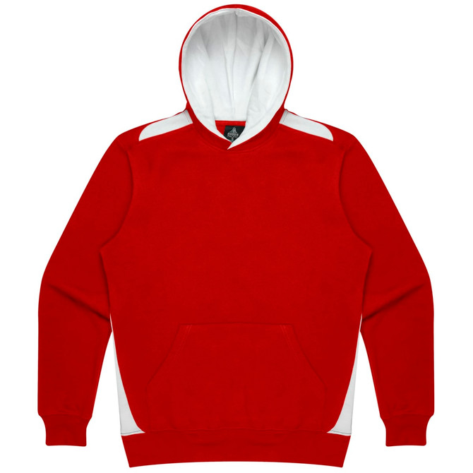 A red hoodie with a white hood and side accents, featuring a front pocket and a logo.