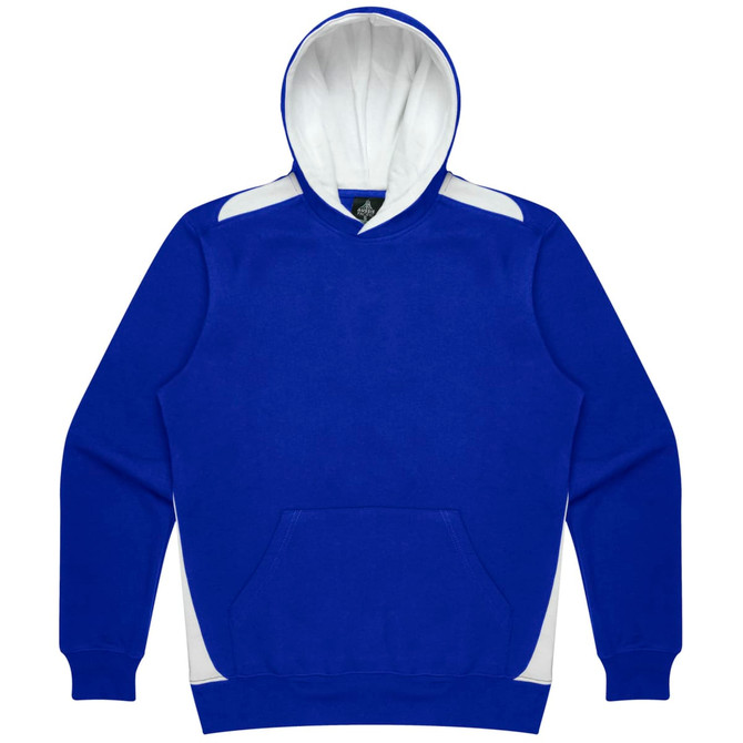 A blue hoodie with a white hood, featuring a front pocket and contrasting panels on the shoulders.