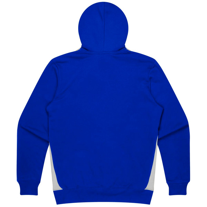 A blue hoodie featuring a hood and contrasting grey side panels, with a logo on one side.