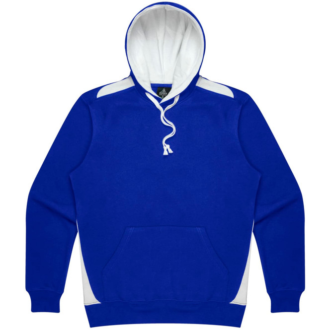 A blue hoodie with a white inner lining and side accents. It features a front pocket and a drawstring hood.