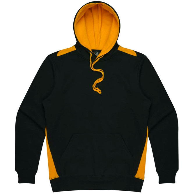 A men's hoodie featuring a dark green body with yellow accents and a front pocket. It has a drawstring hood.