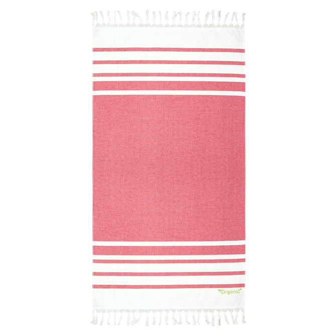 A pink and white striped beach towel with fringes and a small logo. Ideal for use on the beach or poolside.