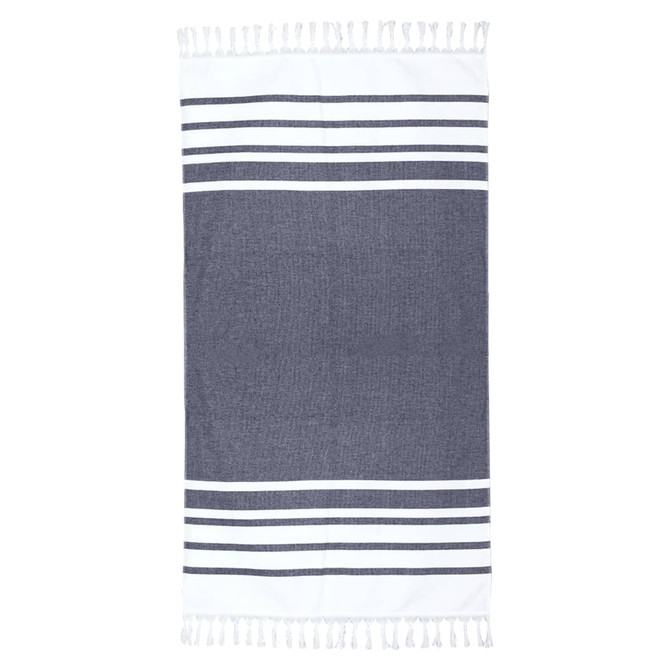 A Turkish beach towel in navy and white with decorative stripes and tassels along the edges.