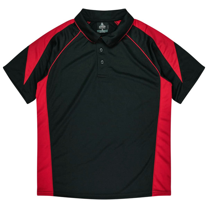 A black polo shirt with red accents and a collar, featuring a logo on the upper side.