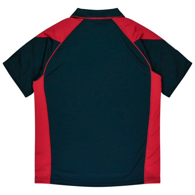 A polo shirt featuring a navy blue and red design, with a collar and short sleeves, including a logo.