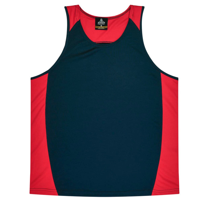 A navy and red singlet with a logo, designed for kids. The top features a sporty, sleeveless design.