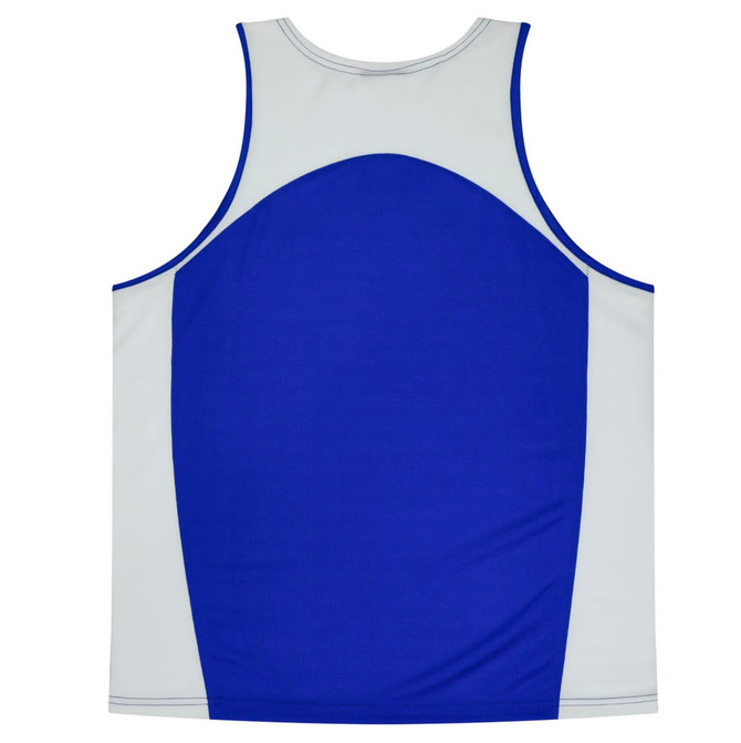 A blue and grey singlet with a sporty design, featuring a logo on the back.