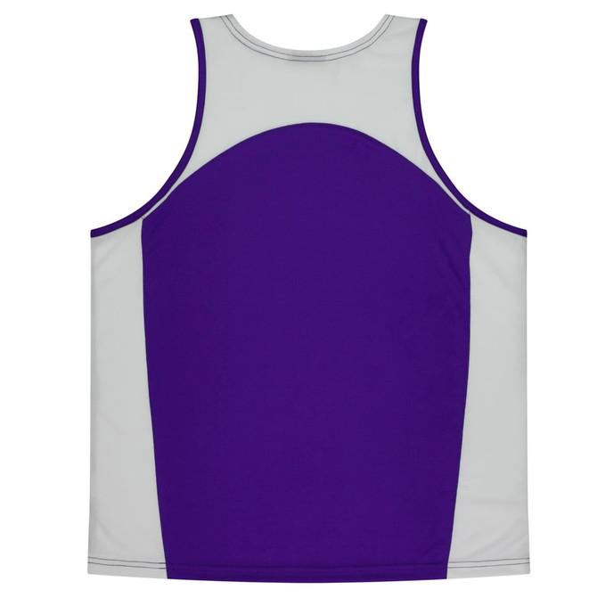 A sleeveless singlet featuring a purple front and grey back, designed for kids. Includes a logo.