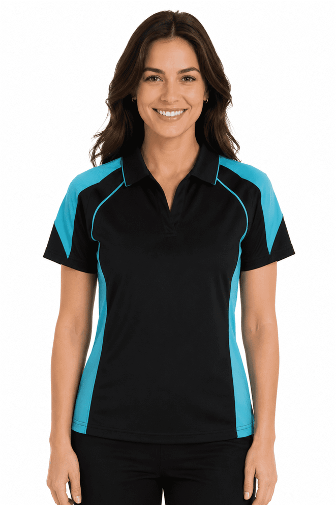 A black polo shirt with turquoise accents, featuring a logo, designed for women.