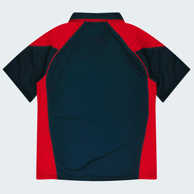 A polo shirt featuring a red and navy design, with a collar and short sleeves. It includes a logo on the front.