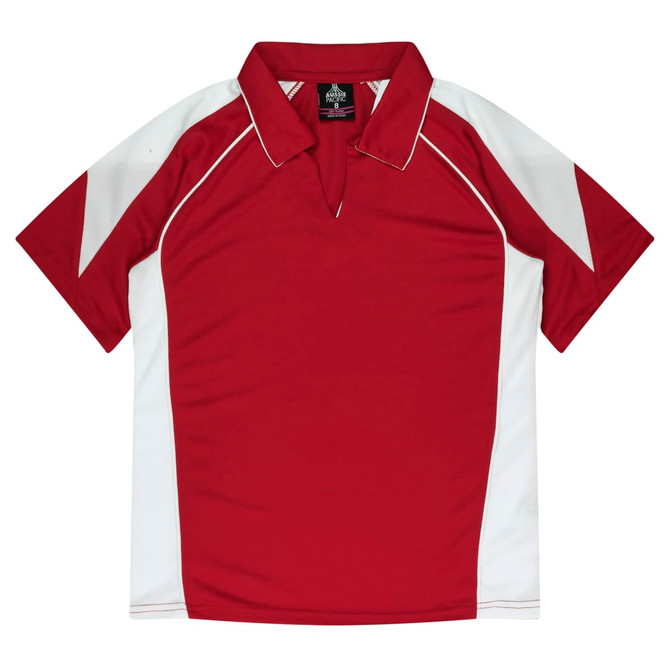 A red polo shirt with white accents and a collar, featuring a logo on the chest area.