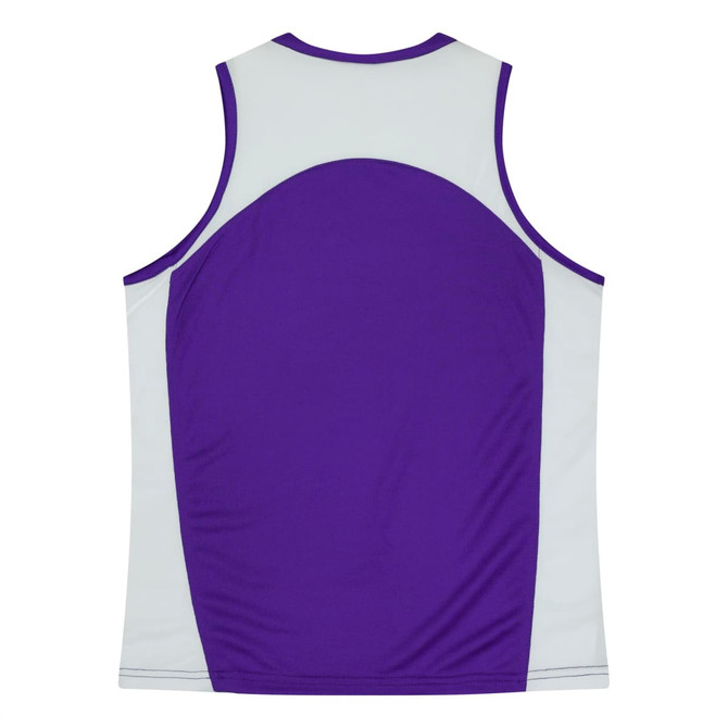 A sleeveless purple and light grey singlet featuring a logo on the back.
