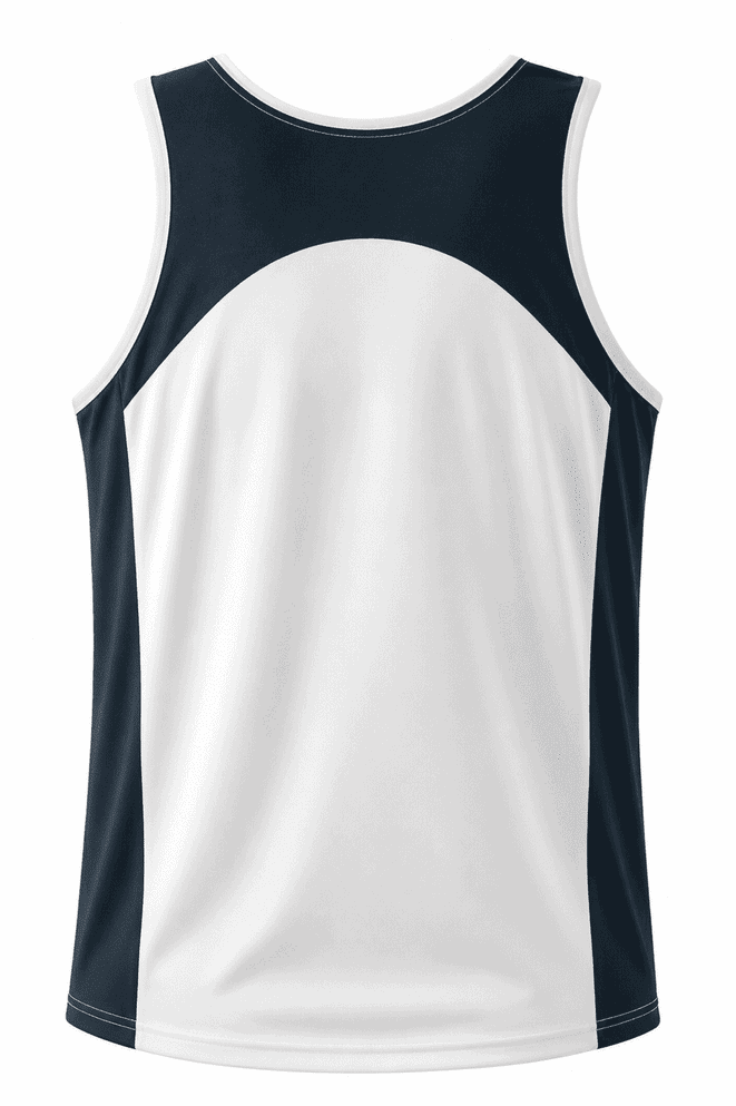 A sleeveless sports singlet in white and navy blue, featuring a brand logo.