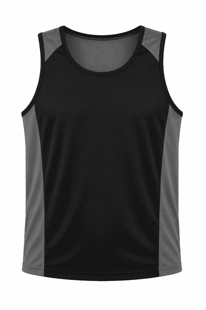 A black singlet with grey sides and a mesh design. It features a logo on the front.