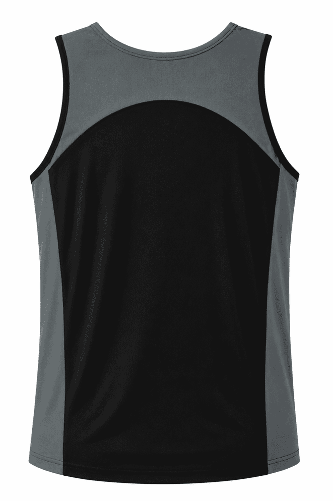 A men’s singlet featuring a grey and black design with a logo. The back showcases a sporty, modern look.