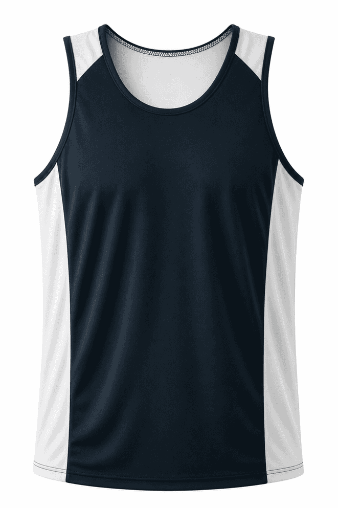 A navy and white singlet with a sporty design and a branded logo.