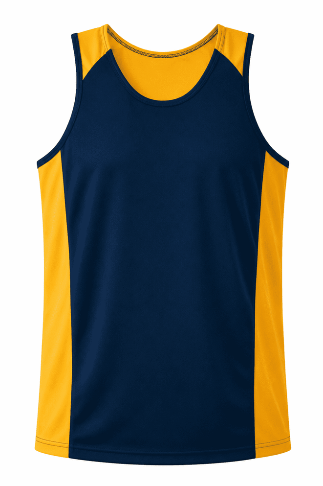 A navy and yellow singlet featuring a logo, designed for men's wear.