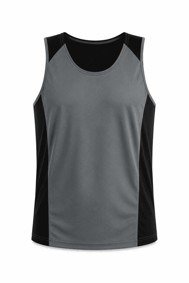 A grey and black men's singlet, featuring a sporty design with contrasting side panels and a logo.