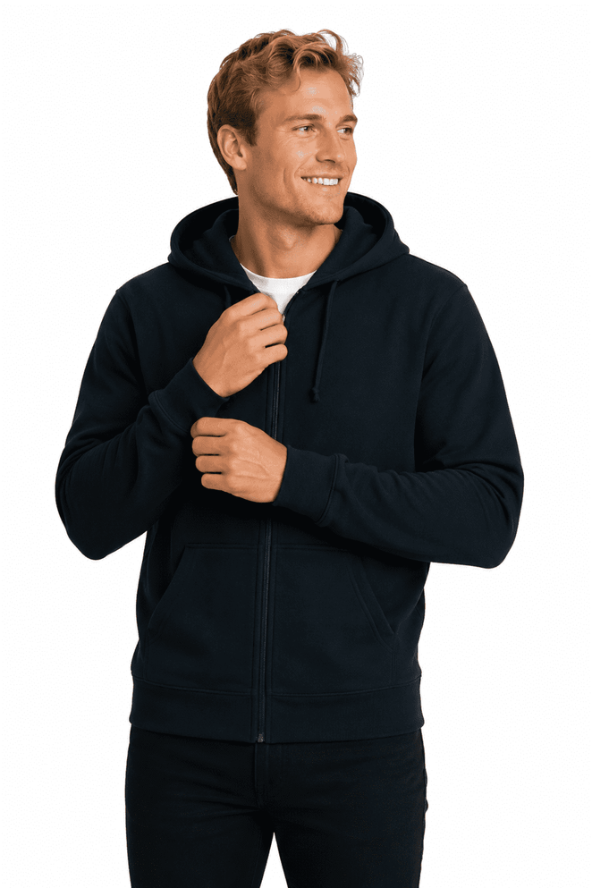 A navy zip hoodie for men, featuring a frontal zipper and a hood, modelled by a smiling male model.