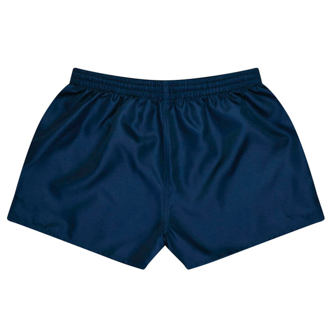 Navy blue rugby shorts with an elastic waistband and a smooth fabric finish, featuring a logo on the waistband.
