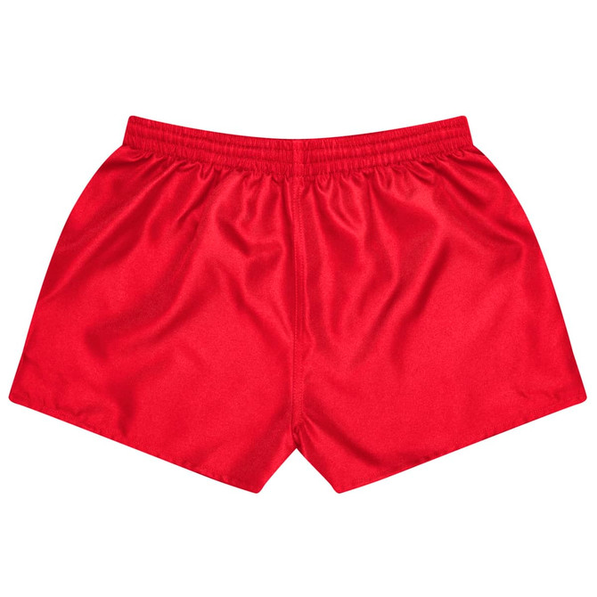 A pair of red rugby kids shorts with an elastic waistband and a smooth, shiny finish.