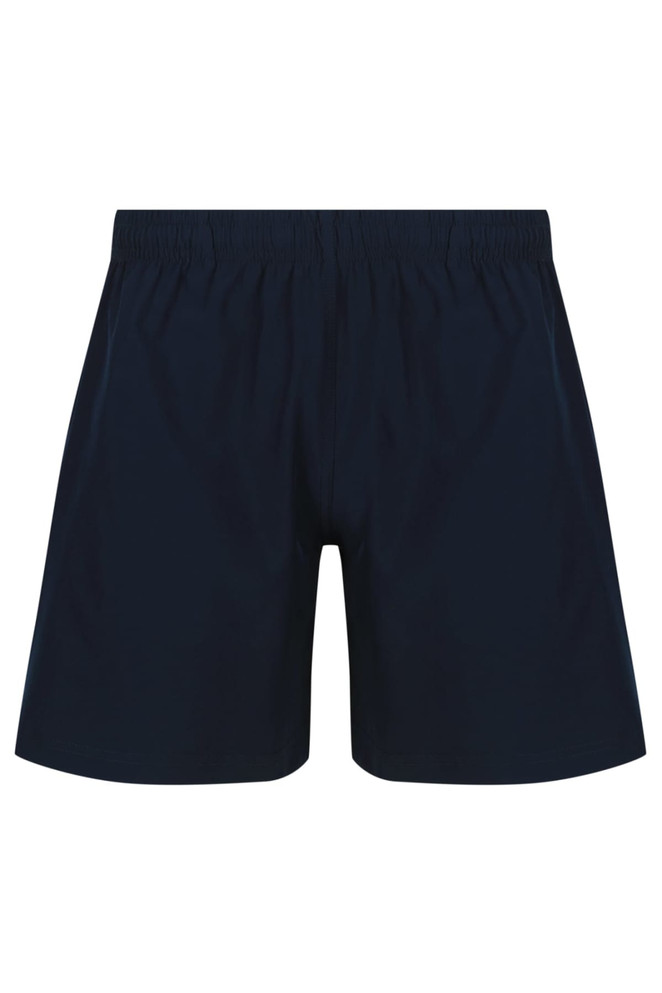 Navy blue men's sports shorts with an elastic waistband and logo branding. Ideal for school uniforms.