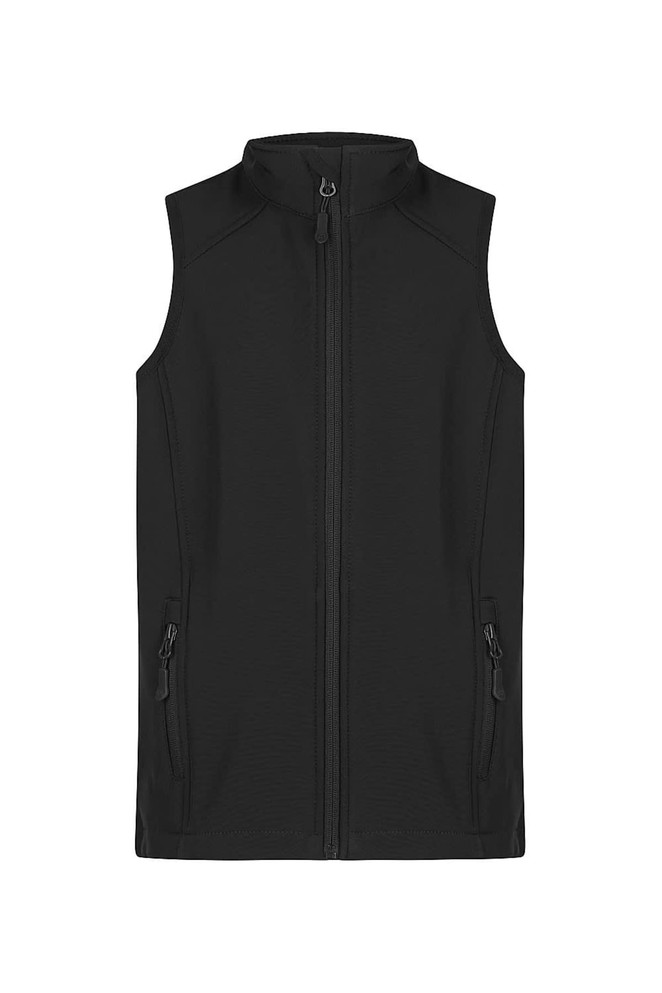 A black kids' vest with a zip front and two side pockets, featuring a logo on the front.