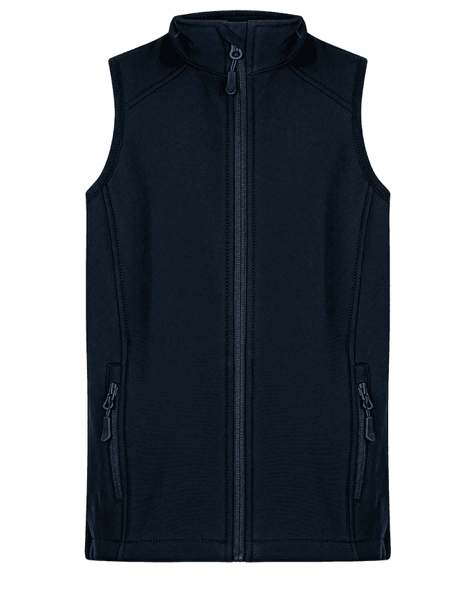A navy blue children's vest featuring a high collar and zippered front pockets, with a logo on the chest.