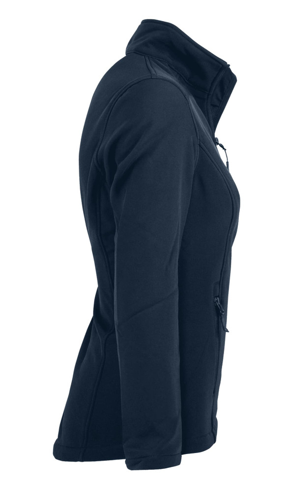 A soft shell jacket in navy blue, showcasing a sleek side profile with a zippered pocket and a branded logo.