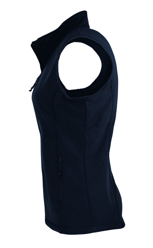 A black women's vest with a zip and sleeveless design, featuring a side view and a logo on the fabric.