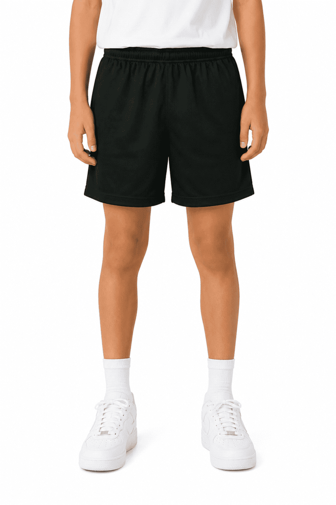 Black sports shorts for kids, featuring an elastic waistband and a subtle logo on the side.