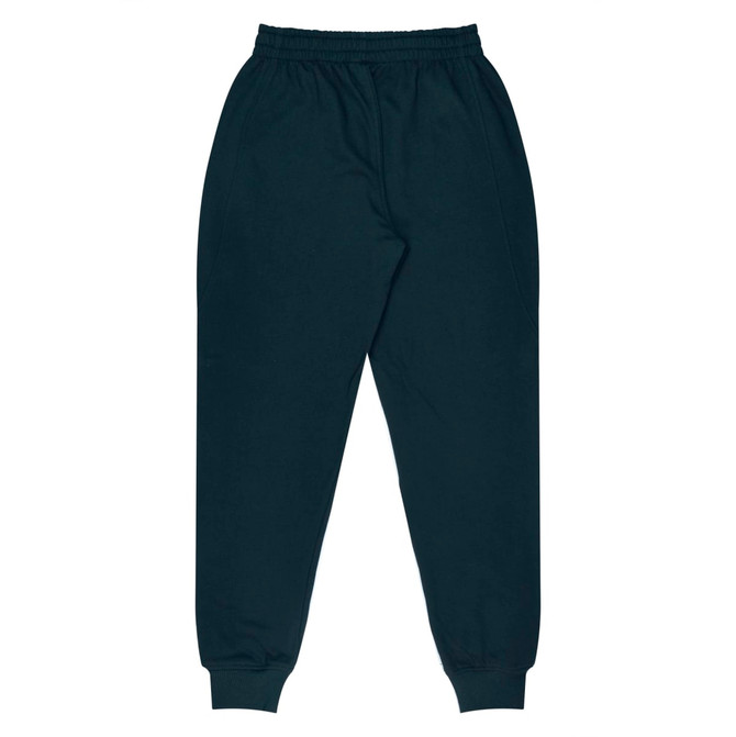 Tapered fleece kids pants in black, featuring an elastic waistband and cuffs, and side pockets.