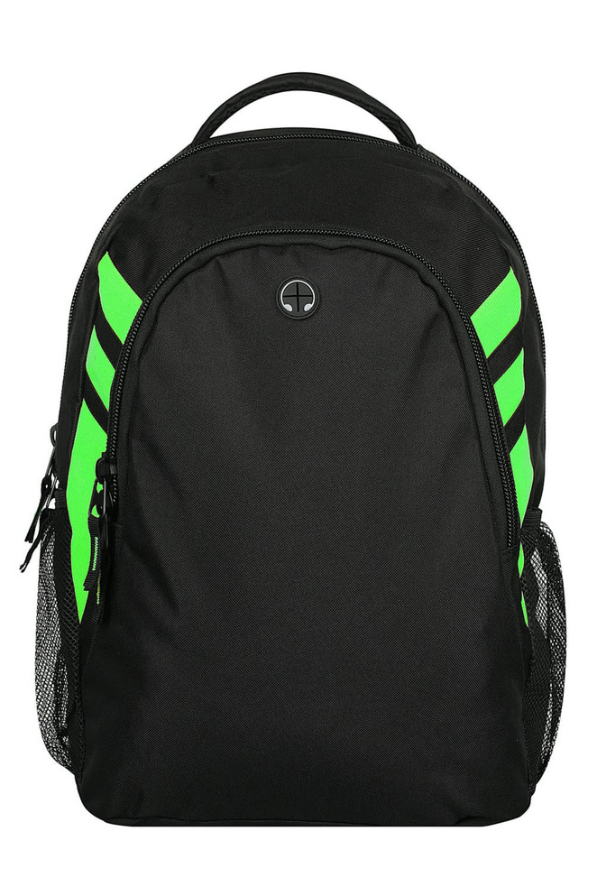 A black backpack with vibrant green stripes, featuring a logo and side mesh pockets.