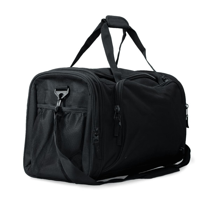 A black duffle bag with multiple compartments and zippers. It has a mesh pocket and a shoulder strap.