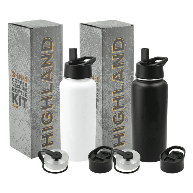 A drink bottle kit featuring a white and a black 950ml copper vacuum bottle, with interchangeable lids and packaging.