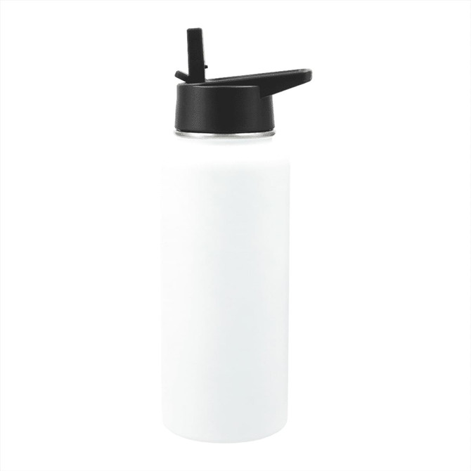 A drink bottle in white with a black cap and spout, featuring a logo. Capacity of 950ml.