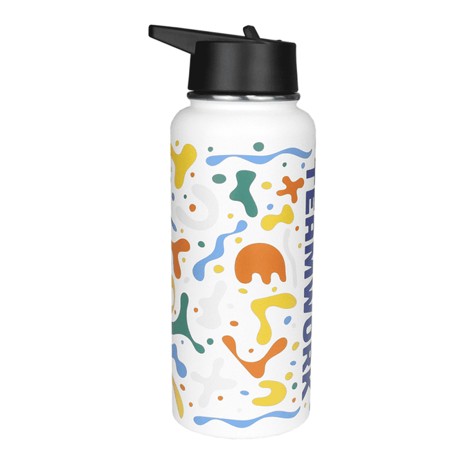 A drink bottle featuring a colourful abstract design with a black lid, made from copper and holding 950ml.