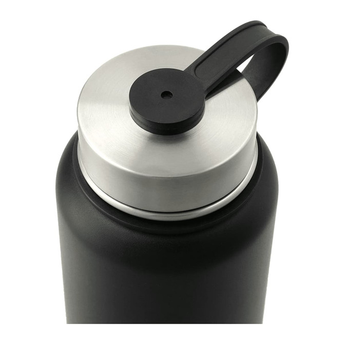 A drink bottle with a sleek black design and a stainless steel lid, featuring a handle for easy carrying.