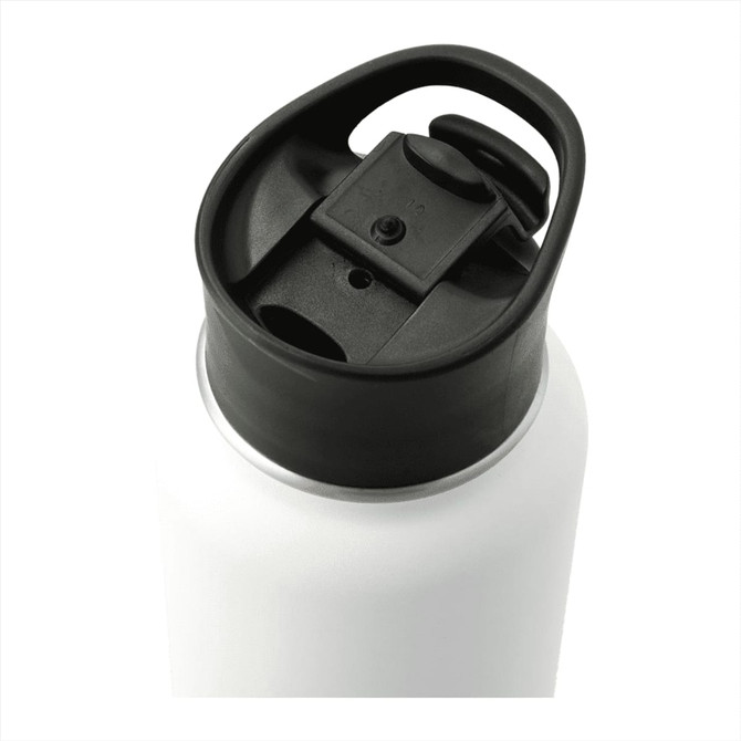 A drink bottle with a black cap and a white body, featuring a spout and an attached handle for easy carrying.