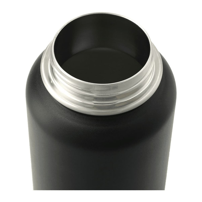 A drink bottle with a matte black finish and a silver stainless steel opening, featuring a logo.