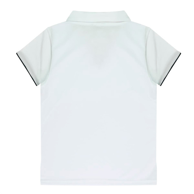 A white polo shirt with black trim, featuring a collar and short sleeves. It has a logo on the side.