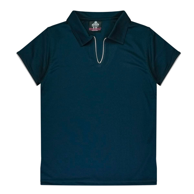 A dark navy polo shirt featuring a collar and a logo on the neckline.