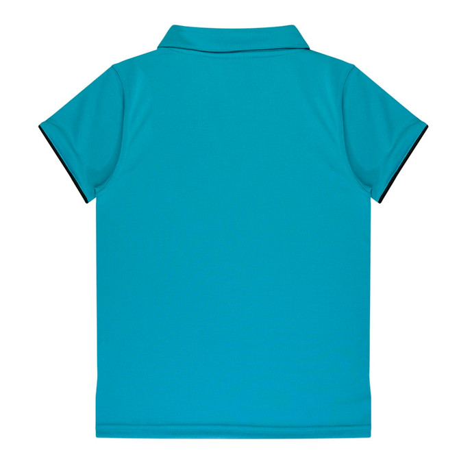 A turquoise polo shirt with a collar and short sleeves, featuring a logo on the front.