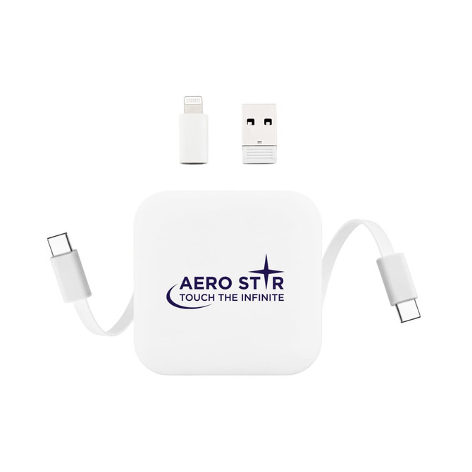 A charging device in white with a retractable cable and USB connectors, featuring a logo.