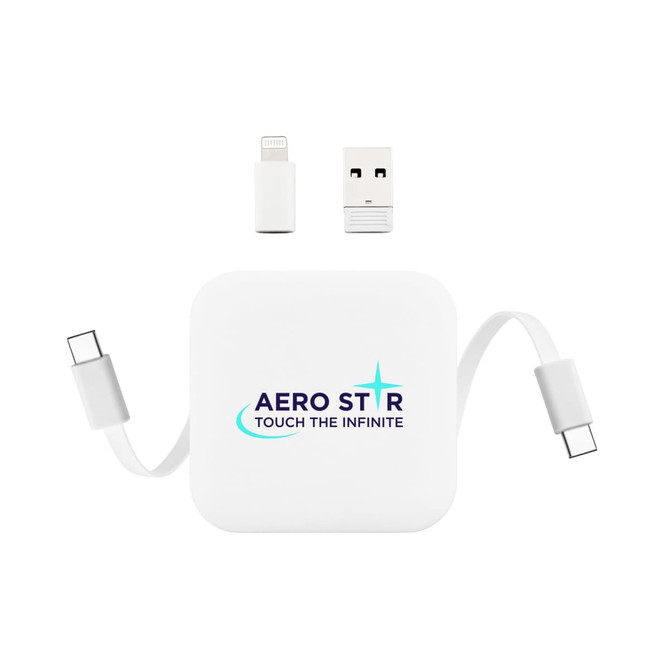 A charging device in white with a logo, featuring a retractable cable and two connectors.