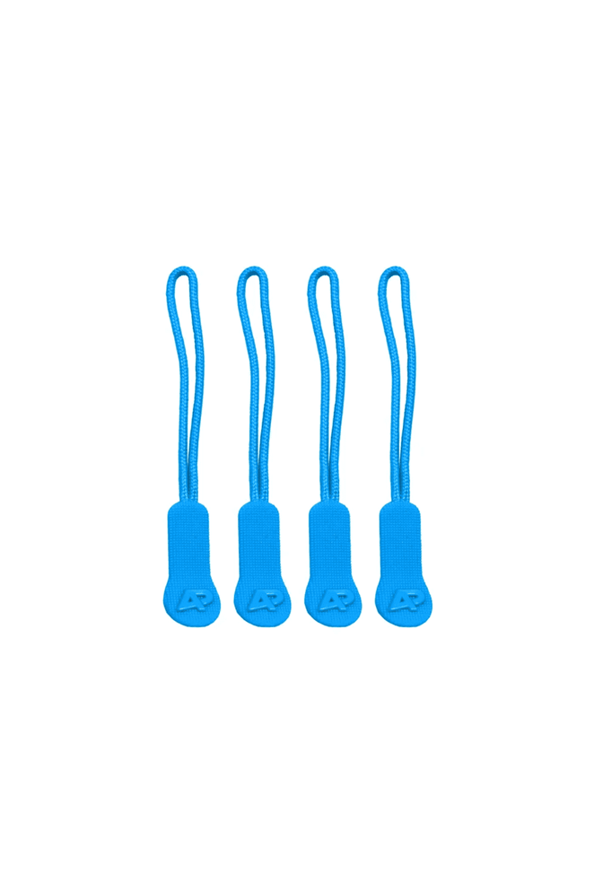 Four blue zip pullers, featuring attached loops for easy handling, displayed against a plain background.