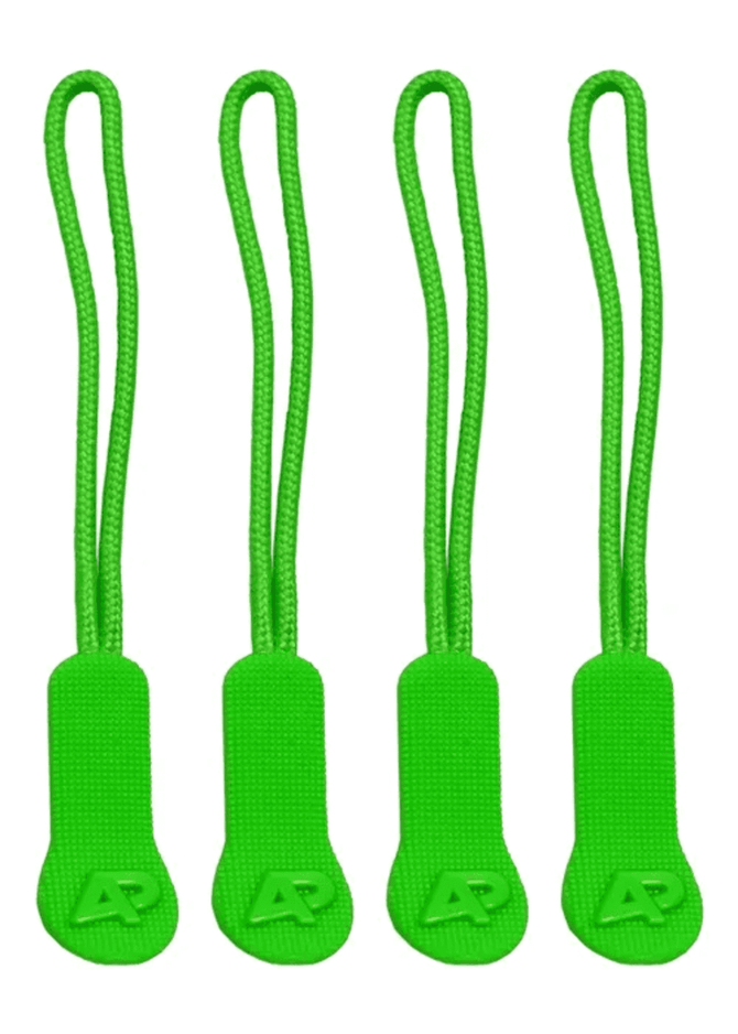 Four green zip puller accessories with textured grips, featuring a logo on each puller.