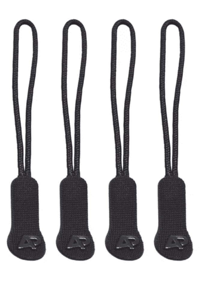 A set of four black zip puller accessories with a textured design and a logo on each.