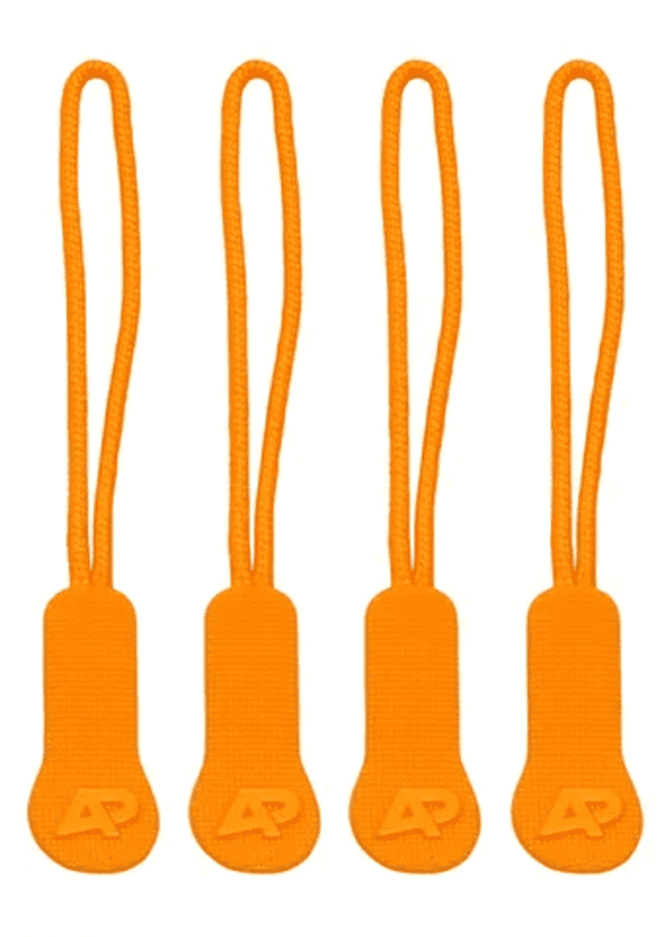 Four orange zip puller accessories with textured grips, each featuring a logo.