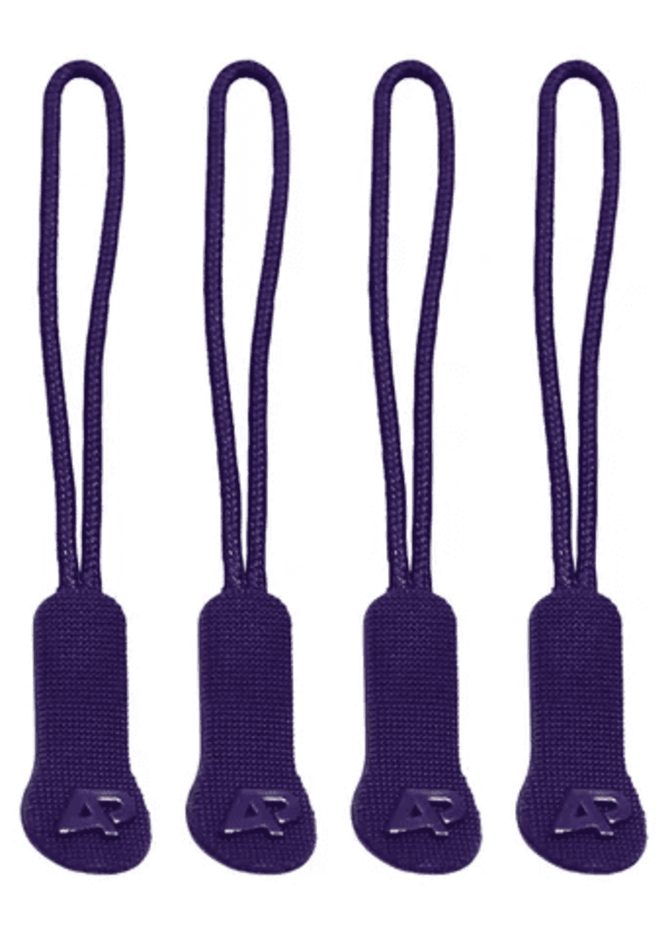 Four purple zip puller accessories with a looped design and a logo.